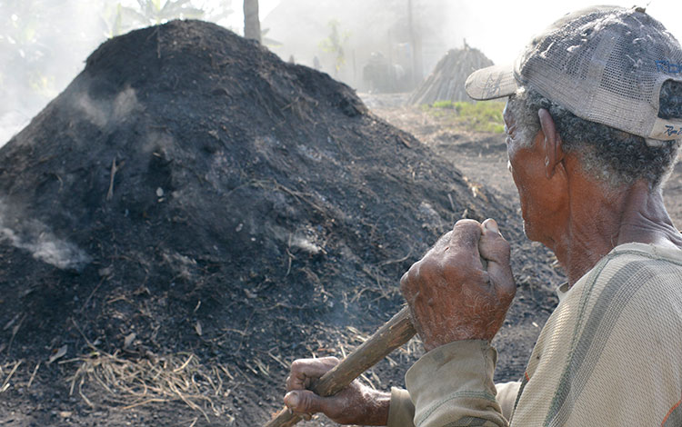 Carbonero cuida horno de carbón en Sabanas de Manacas, Villa Clara, Cuba.