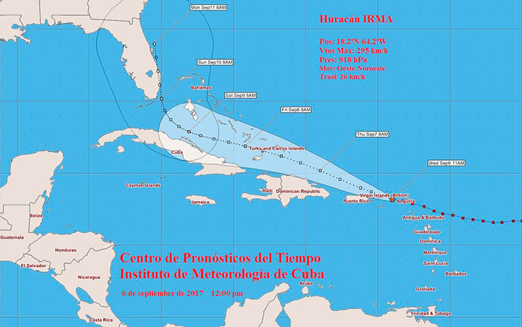 Trayectora del huracán Irma, 6:00 p.m del 6 de septiembre de 2017.