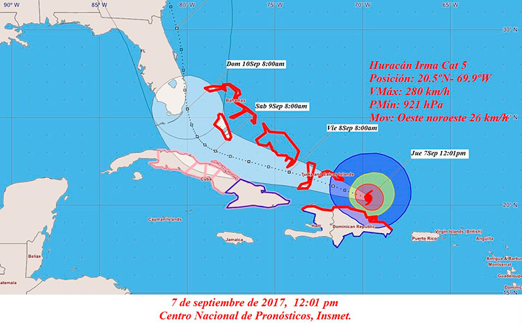 Mapa de trayectoria del huracán Irma, 12:00 m., 7 de septiembre de 2017.