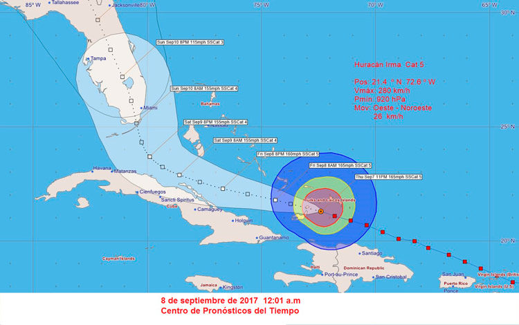 Cono de trayectoria del huracán Irma, 12:00 a.m., 8 de septiembre.