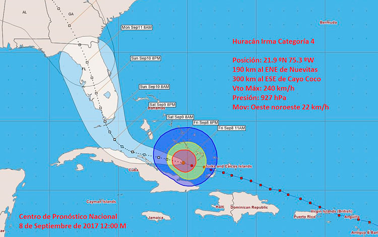 Cono del huracán Irma, 12 del mediodía del 8 de septiembre.