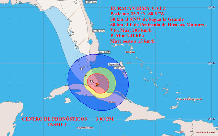 Cono del Huracán Irma 3:00 P.M. 9 de septiembre