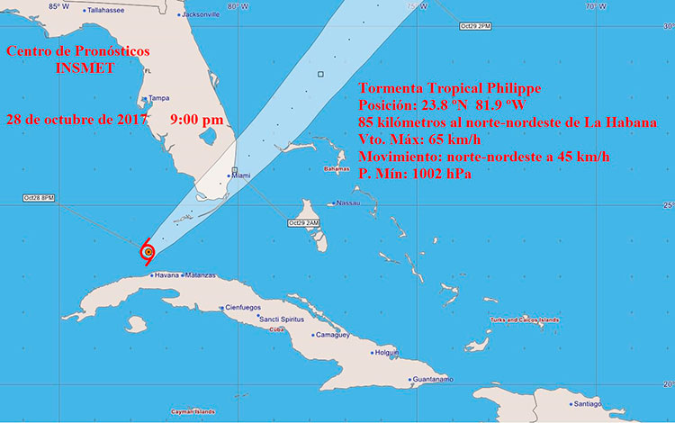 Cono de trayectoria de la tormenta tropical Philippe, a las 9:00 p.m. del 28 de octubre de 2017.