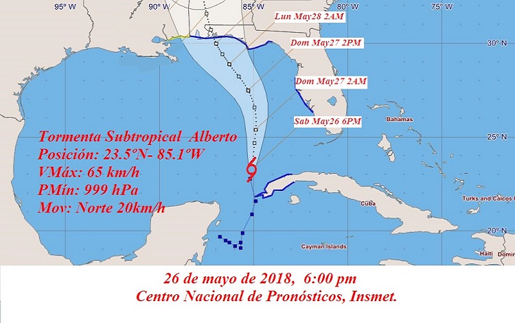 Cono de trayectoria de la tormenta subtropical Alberto
