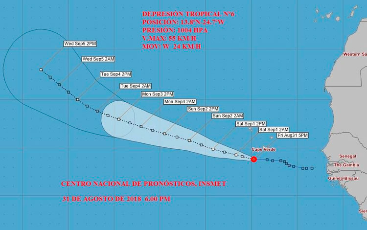 Cono de trayectoria de sexta depresión tropical, temporada 2018.