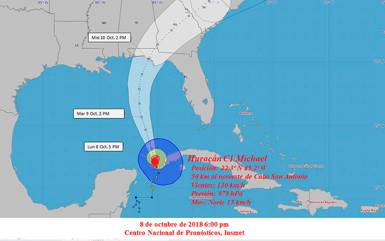 Cono de trayectoria del huracán Michael, 8 de octubre de 2018, 6:00 p.m.