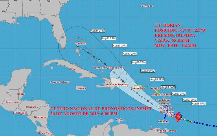 Cono de trayectoria de la Tormenta Tropical Dorian