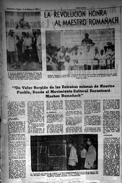 Edición del periódico Vanguardia del 13 de octubre de 1962 refleja homenaje a Leopoldo Romañach.