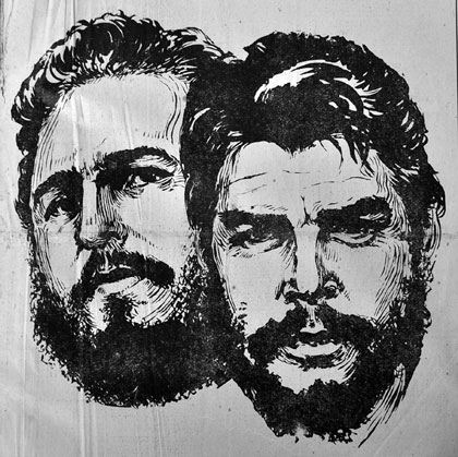 Grabado con las imágenes de Fidel y el Che Guevara, realizado por el pintor y grabador Hernani Simón Hernández Morales.