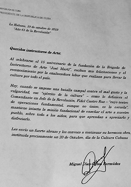 Mensaje de felicitación del presidente cubano, Miguel Dí­az-Canel Bermúdez, a los integrantes de la Brigada José Martí­.