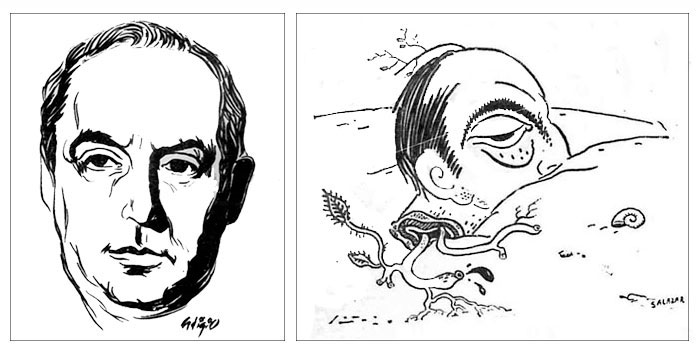 Caricaturas de Pablo Neruda realizadas por Adigio Bení­tez y Toño Salazar.