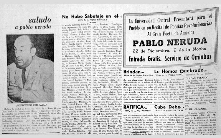 Periódico El Villareño anuncia visita de Pablo Neruda a Santa Clara, Cuba, en diciembre de 1960.