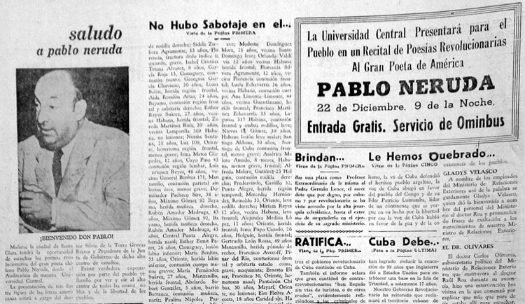 Periódico El Villareño anuncia visita de Pablo Neruda a Santa Clara, Cuba, en diciembre de 1960.