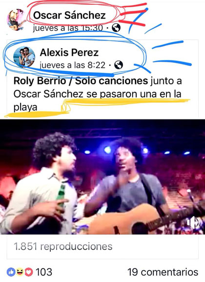 Publicación en Facebook de Alexis Pérez sobre Roly Berrí­o.