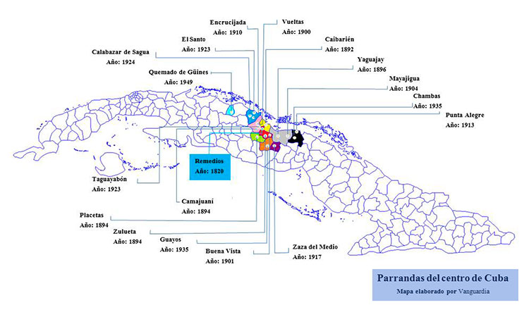 Mapa con localización de las parrandas en Cuba.