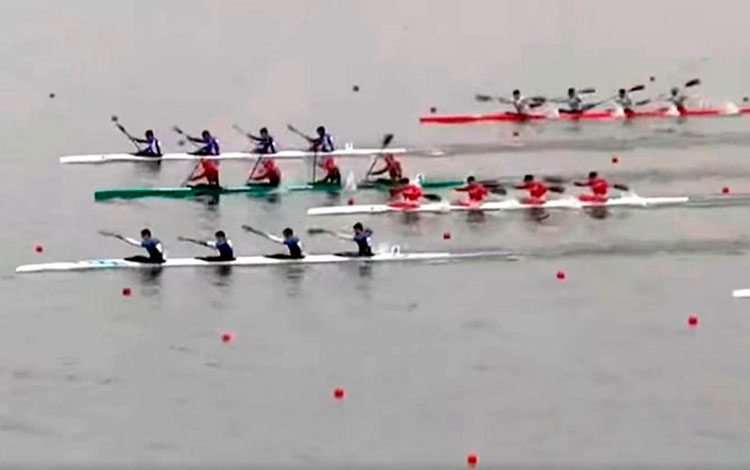 Competencia de K4 a 500 metros para hombres en los Panamericanos de Lima 2019.