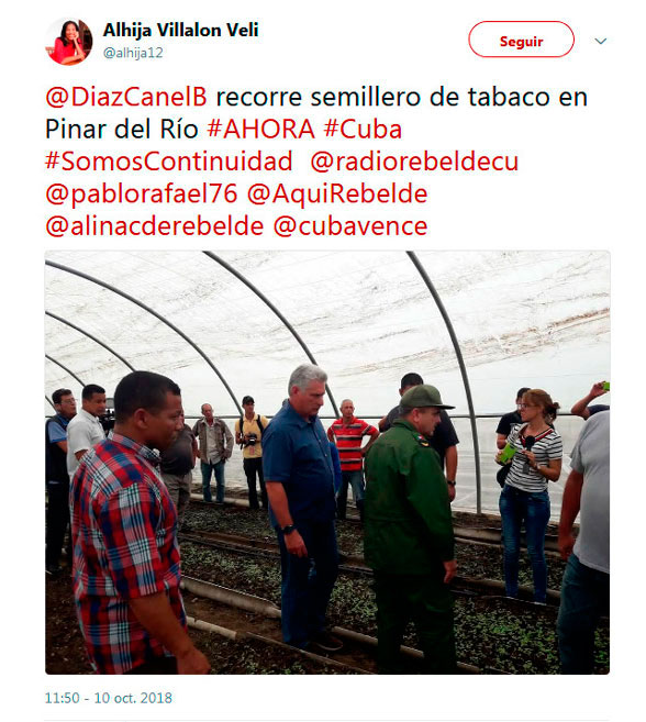 Tweet de la periodista Alhija Villalón sobre la visita del presidente, Miguel Dí­az-Canel, a Pinar del Rí­o.