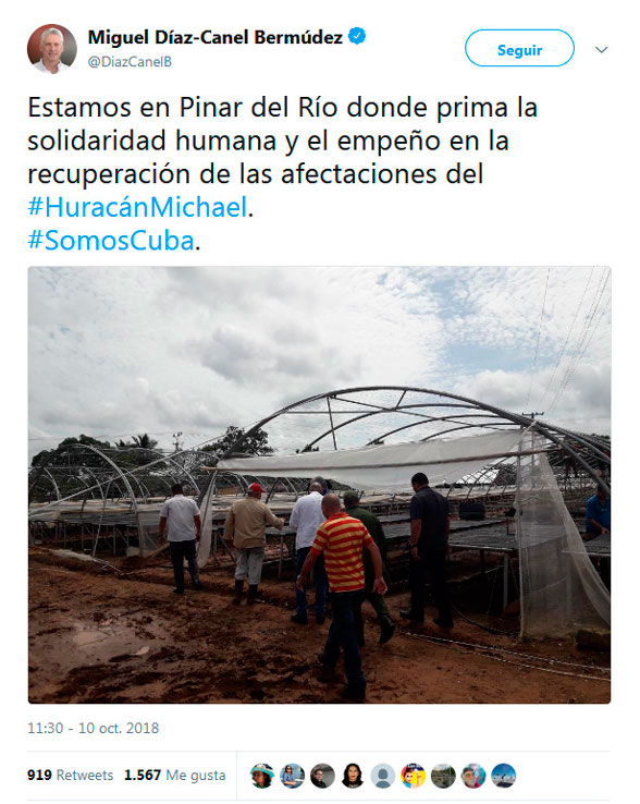 Tweet de Miguel Dí­az-Canel, presidente de Cuba, sobre recorrido a Piinar del Rí­o, provincia afectada por el huracán Michael.