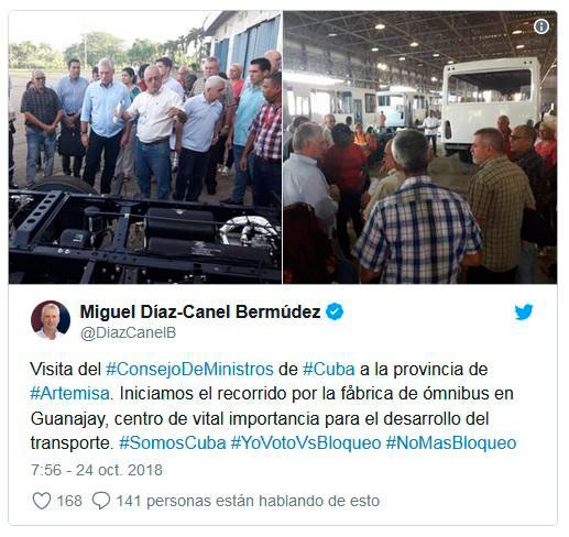 Tuit del presidente cubano Miguel Dí­az-Canel; sobre visita a Artemisa.