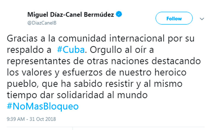 Tuit del presidente cubano, Miguel Díaz-Canel.