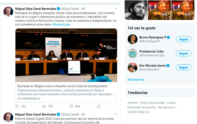 Tuit de Miguel Díaz-Canel en rechazo a campaña de eurodiputados de derecha.
