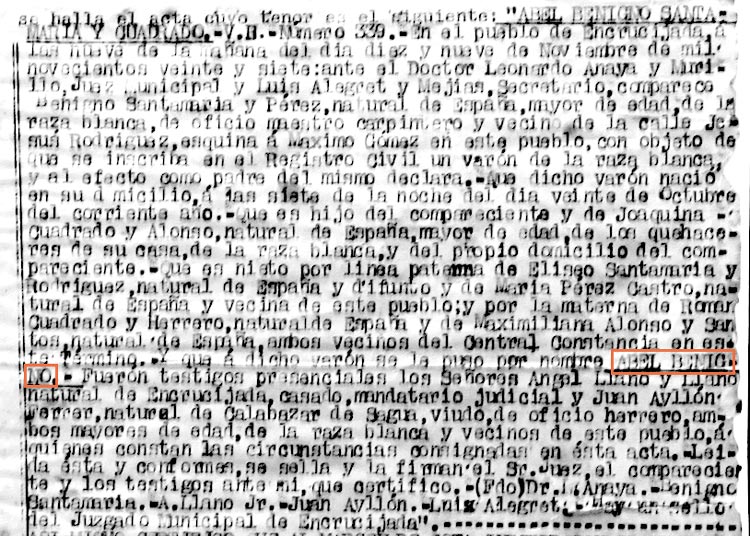 Inscripción de nacimiento de Abel Benigno Santamarí­a Cuadrado.