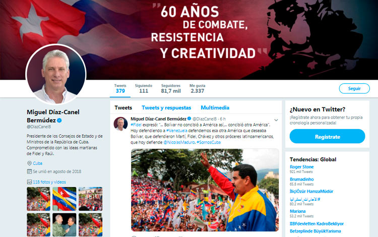 Tuit de Miguel Díaz-Canel, presidente de Cuba, en apoyo a Venezuela.
