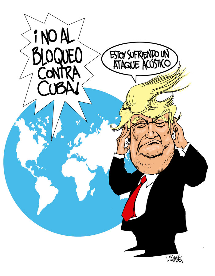 Caricatura de Adalberto Linares sobre Trump y la condena al bloqueo de EE. UU. contra Cuba.