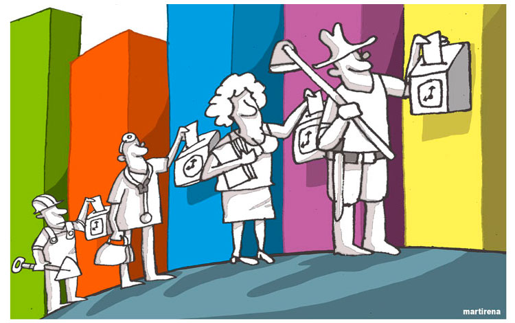 Caricatura de Alfredo Martirena sobre crecimiento de la economía y bienestar social.