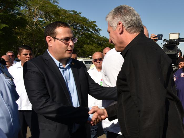 Recibimiento al presidente de Cuba, Miguel Dí­az-Canel, en el aeropuerto de Managua, Nicaragua.