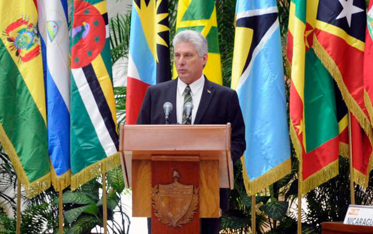 Miguel Díaz-Canel Bermúdez, presidente de Cuba, pronuncia discurso en la inauguración de la XVI Cumbre ALBA-TCP.