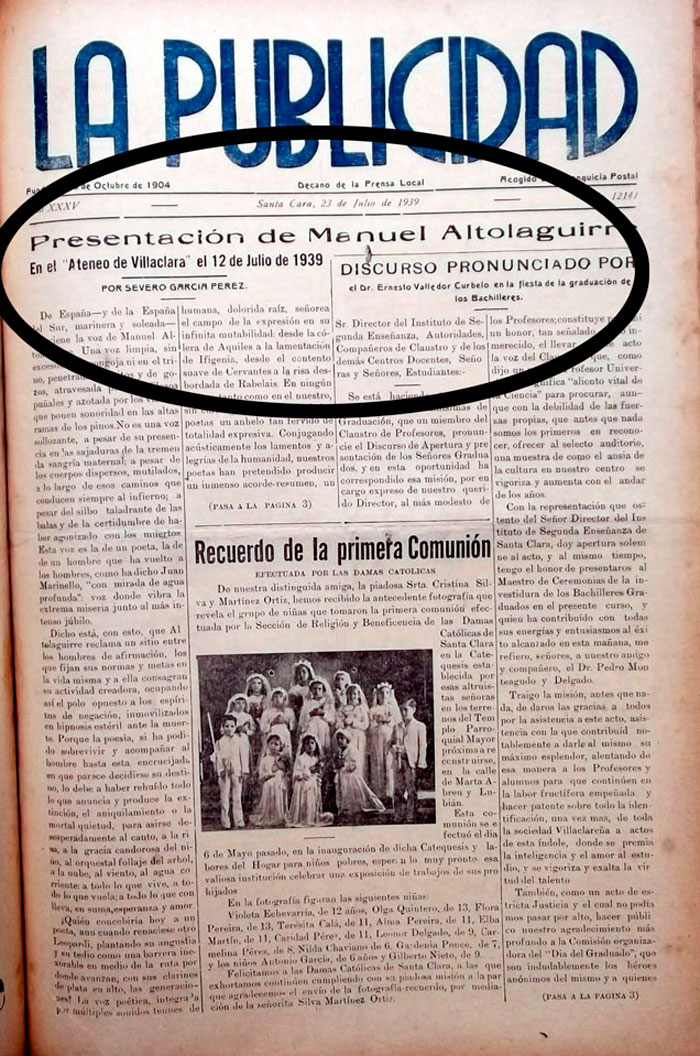 Presentación del poeta español Manuel Altolaguirre, escrita por Severo Garcí­a Pérez.