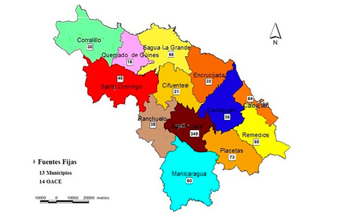 Mapa de las fuentes contaminantes en los municipios de la provincia de Villa Clara, Cuba.