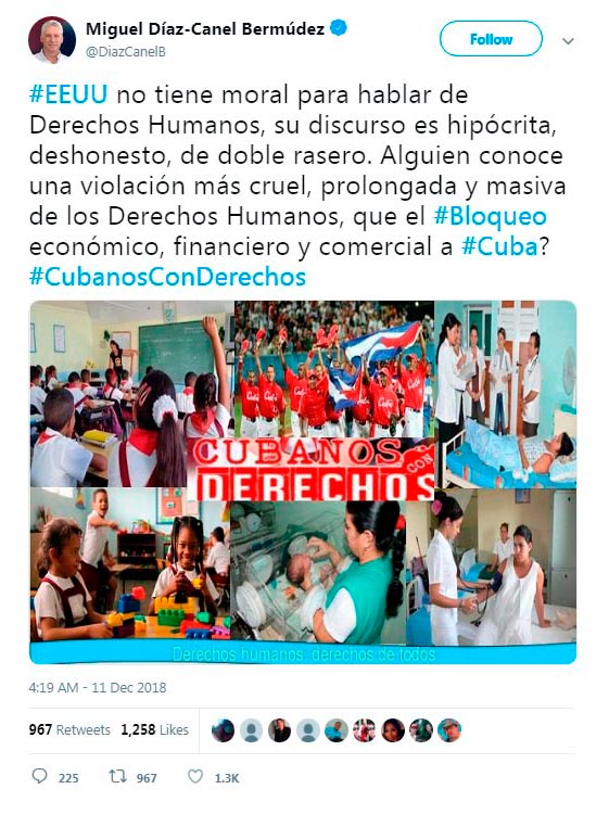 Tuit del presidente de Cuba, Miguel Dí­az-Canel, sobre declaraciones del secretario de Estado de los EE. UU.