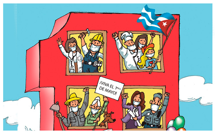 Caricatura de Félix Adalberto Linares sobre la celebración del Primero de Mayo en casa por la COVID-19.