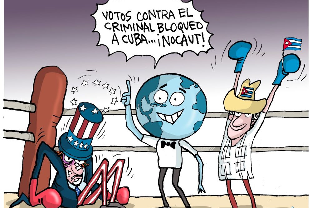 Ilustración de Alfredo Martirena sobre el injusto bloqueo que Estados Unidos impone a Cuba