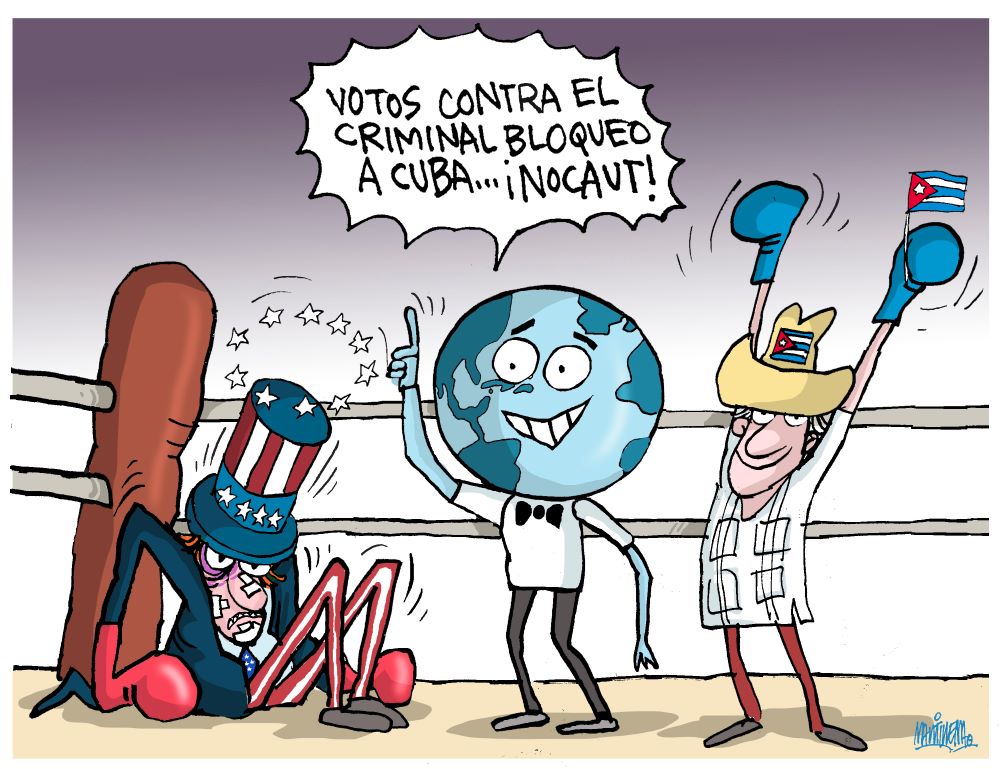 Ilustración de Alfredo Martirena sobre el injusto bloqueo que Estados Unidos impone a Cuba