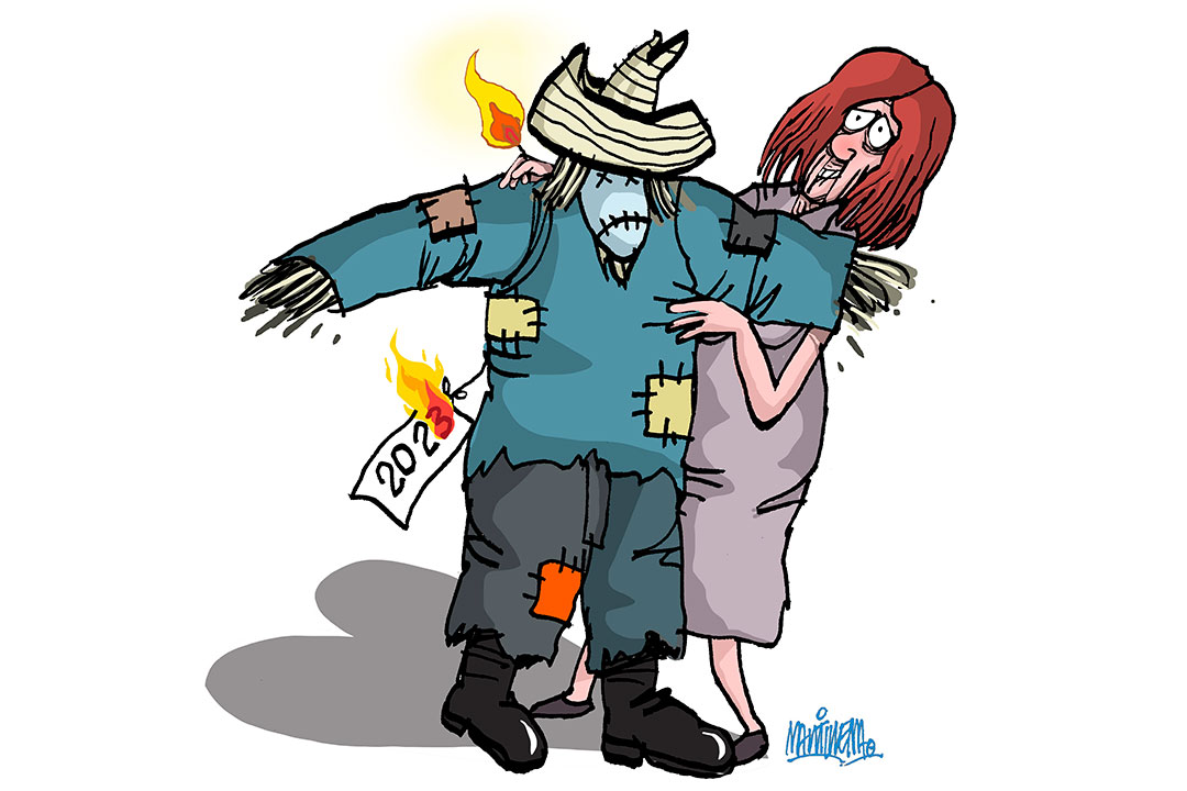 Ilustración de Alfredo Martirena sobre tradición de quemar un muñeco el fin de año.