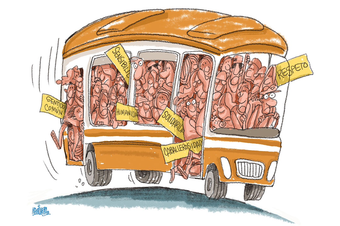 Ilustración de Alfredo Martirena sobre el transporte público y los valores humanos.