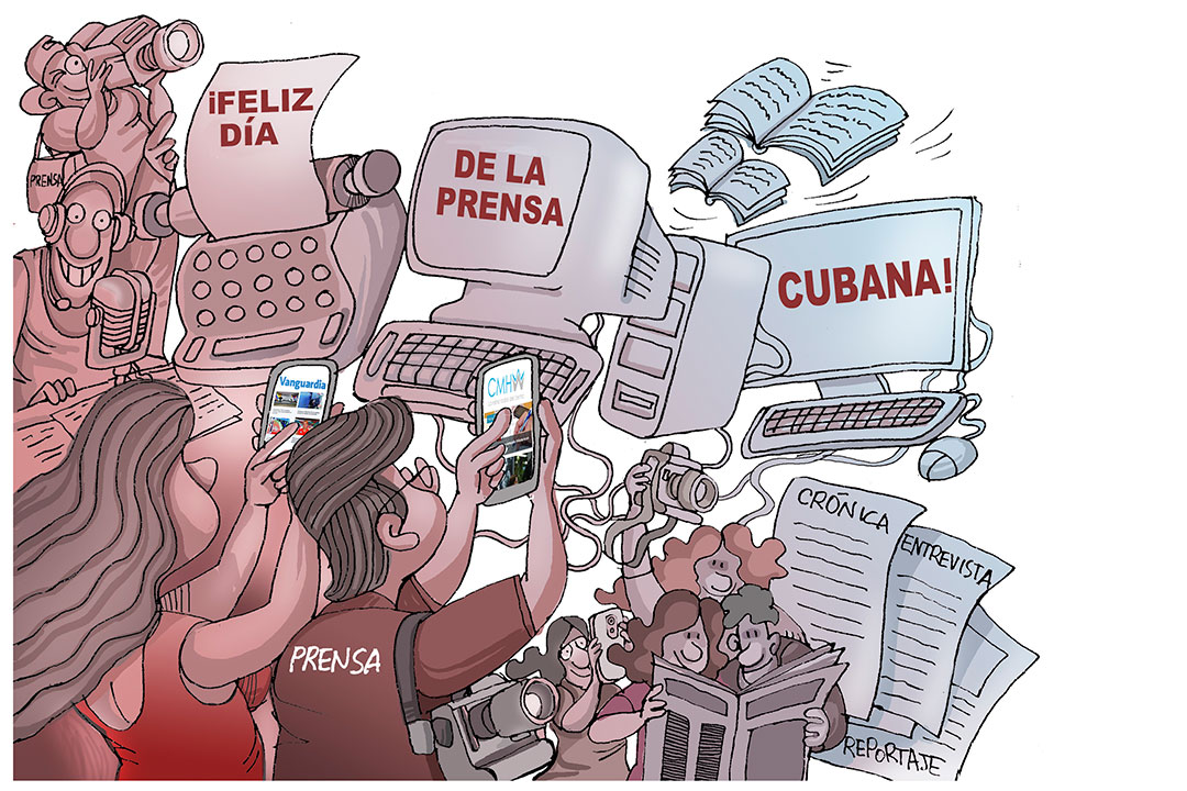 Ilustración de Alfredo Martirena sobre el Día de la Prensa Cubana.