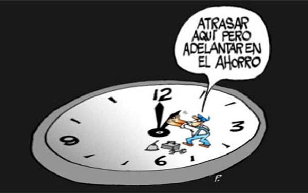 Caricatura sobre el regreso al horario normal en Cuba y el ahorro.