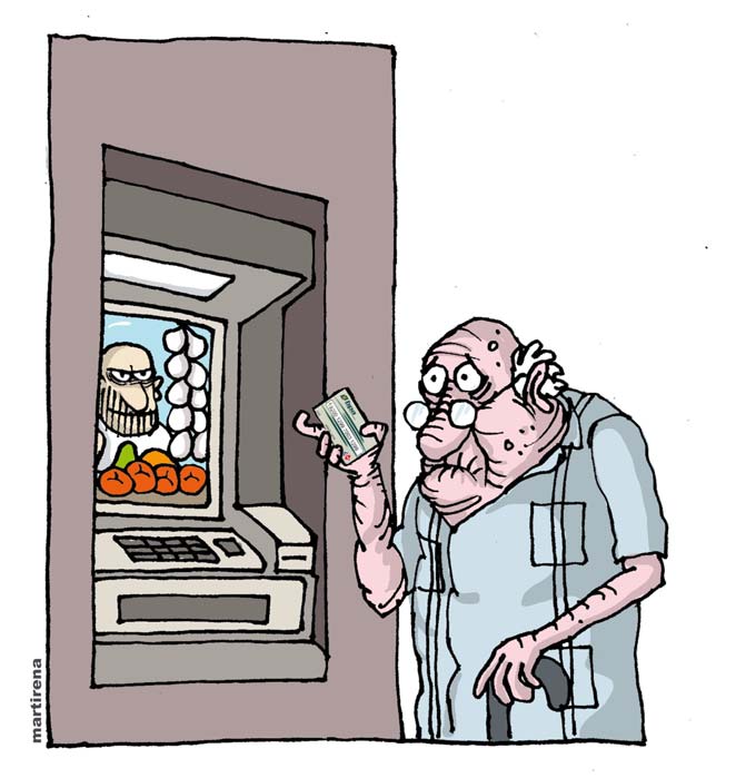 Caricatura de Martirena sobre los bajos salarios de los ancianos