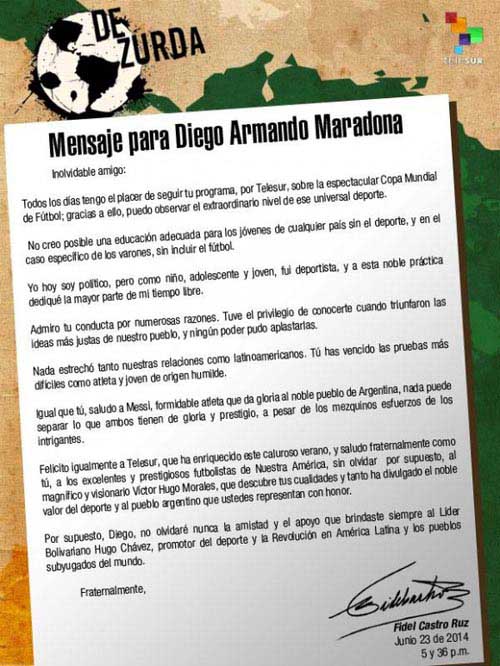 Mensaje de Fidel Castro Ruz a Diego Armando Maradona.