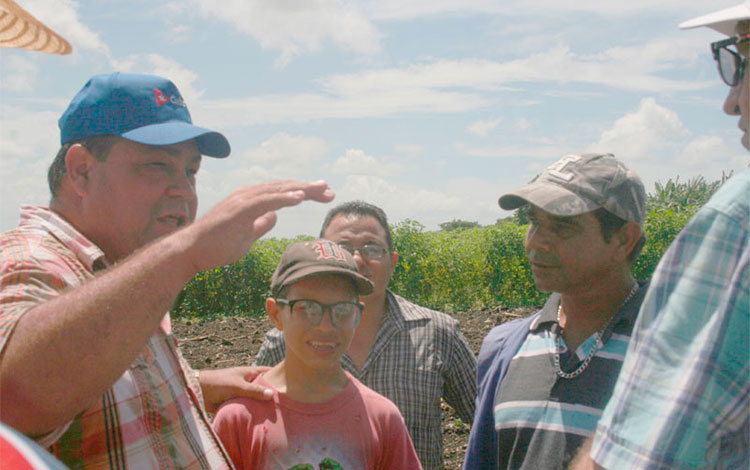 Félix Duarte Ortega, miembro del Secretariado del Comité Central del Partido Comunista de Cuba, dialoga con el productor Maikel Santana y su hijo Enmanuel.