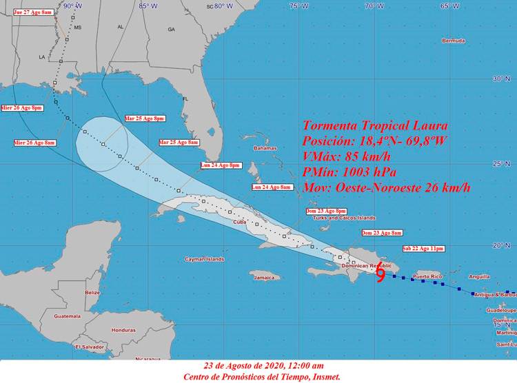 Cono de la tormenta tropical Laura a las 12:01 a.m. del 23 de agosto de 2020.