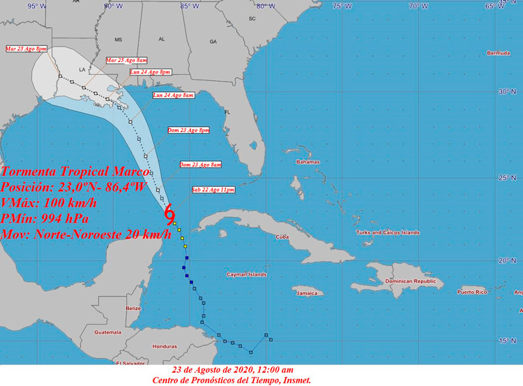 Cono de la tormenta tropical Marco a las 12:01 