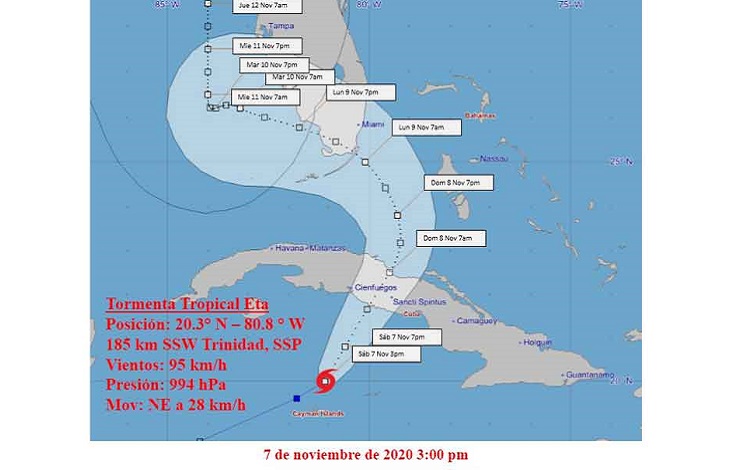 Cono de trayectoria de la tormenta tropical Eta, a las 12 del mediodía del 7 de noviembre de 2020.