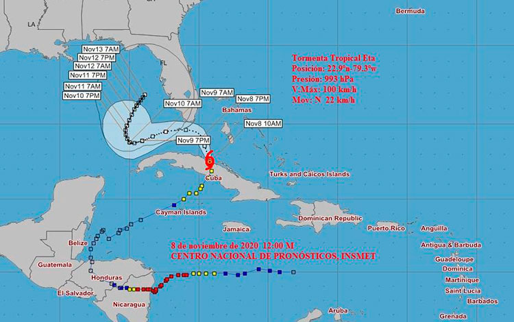 Cono de trayectoria de la tormenta tropical Eta a las 12:00 del mediodía del 8 de noviembre de 2020.