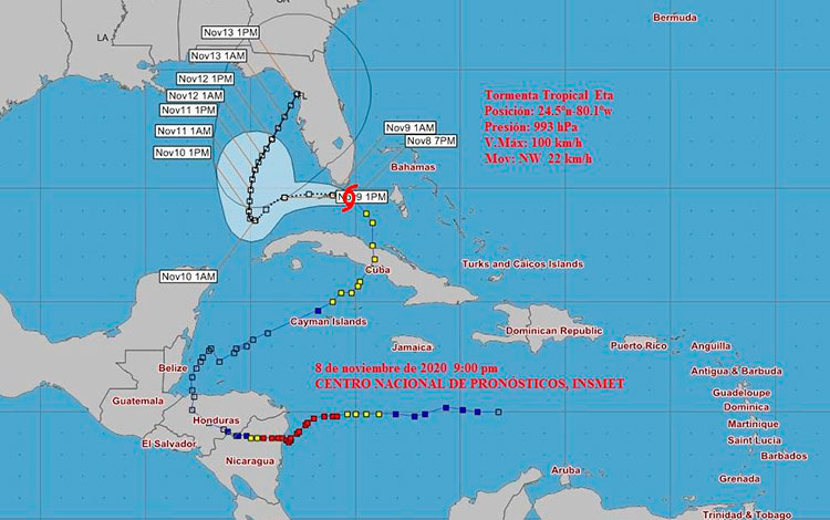 Cono de trayectoria de la tormenta tropical Eta a las 9:00 de la noche del 8 de noviembre de 2020.