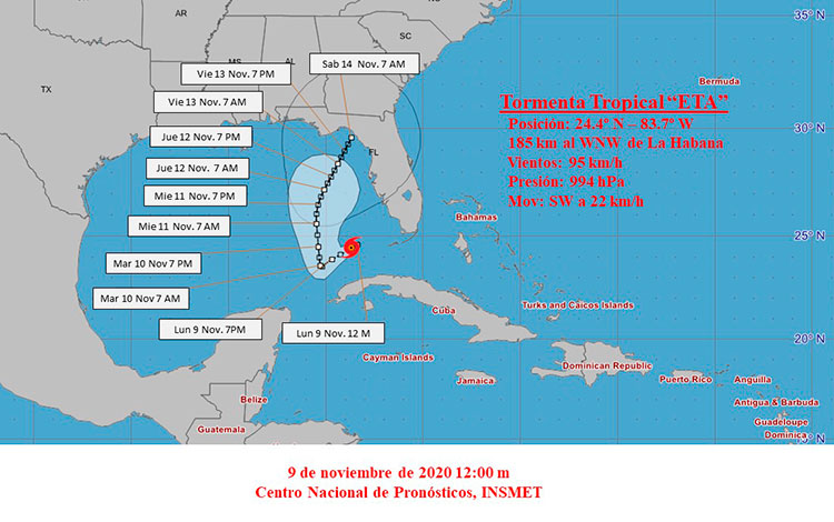 Cono de trayectoria de la tormenta tropical Eta a las 12:00 del mediodía del 9 de noviembre de 2020.